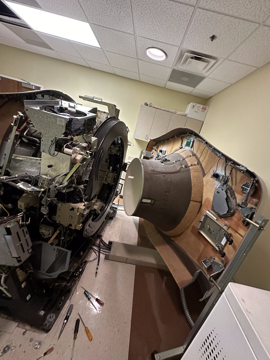 CT gantry with covers removed during de-installation